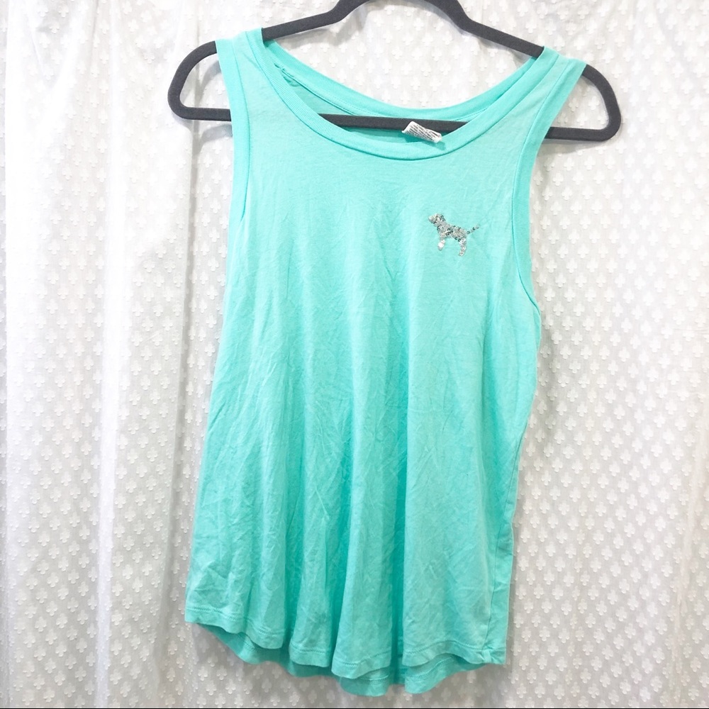 VS PINK • Teal sequin logo tank XS